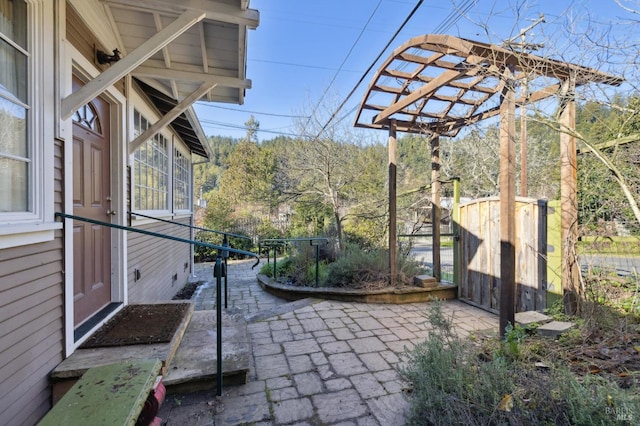 view of patio / terrace featuring a shed