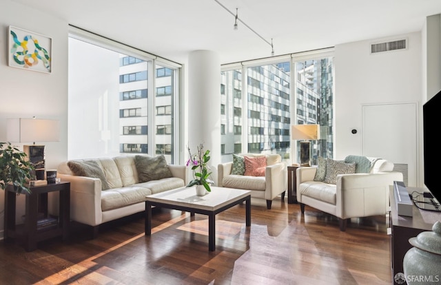 living room featuring visible vents, a wall of windows, and wood finished floors