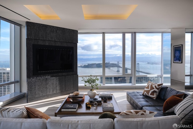 living room featuring a fireplace and plenty of natural light