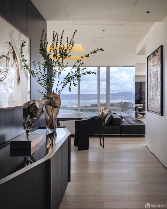 interior space with light hardwood / wood-style flooring and a water view