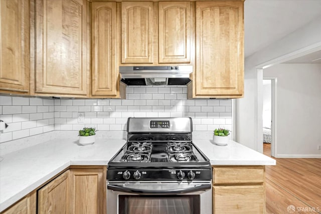 kitchen featuring stainless steel gas stove and decorative backsplash