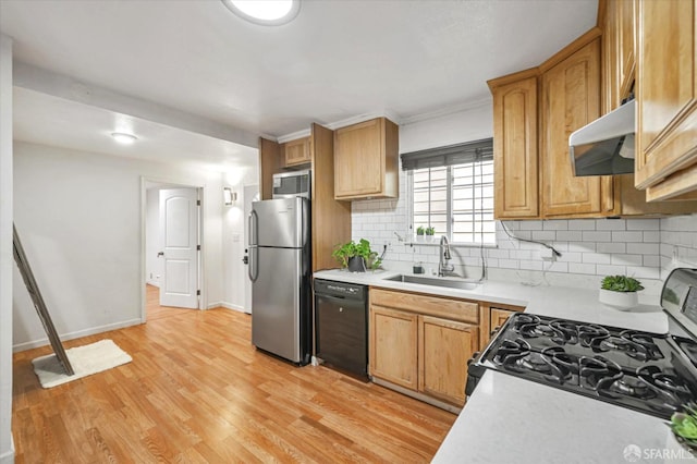 kitchen with stainless steel appliances, sink, light wood-type flooring, and decorative backsplash