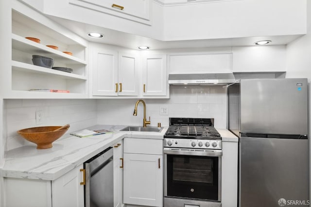 kitchen with appliances with stainless steel finishes, sink, backsplash, white cabinets, and range hood