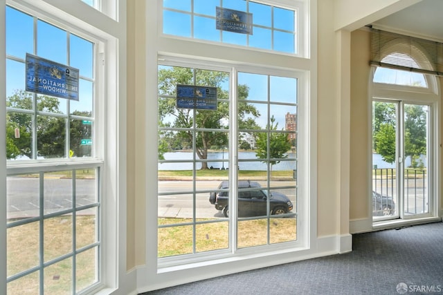 2108 Lakeshore Ave, Oakland, CA 94606 - doorway to outside featuring carpet flooring, a towering ceiling, and a water view
