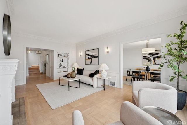 1867 15th Ave, San Francisco, CA 94122 - living area featuring stairway, built in features, and crown molding