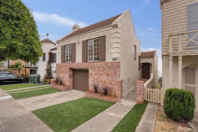 1867 15th Ave, San Francisco, CA 94122 - view of front of house featuring driveway, an attached garage, stucco siding, brick siding, and a chimney
