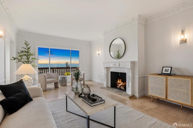 1867 15th Ave, San Francisco, CA 94122 - living room featuring a lit fireplace and ornamental molding