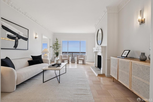 1867 15th Ave, San Francisco, CA 94122 - living room featuring a fireplace with raised hearth and crown molding
