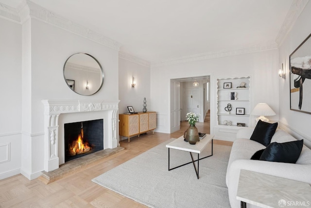 1867 15th Ave, San Francisco, CA 94122 - living room with a lit fireplace, built in shelves, and ornamental molding