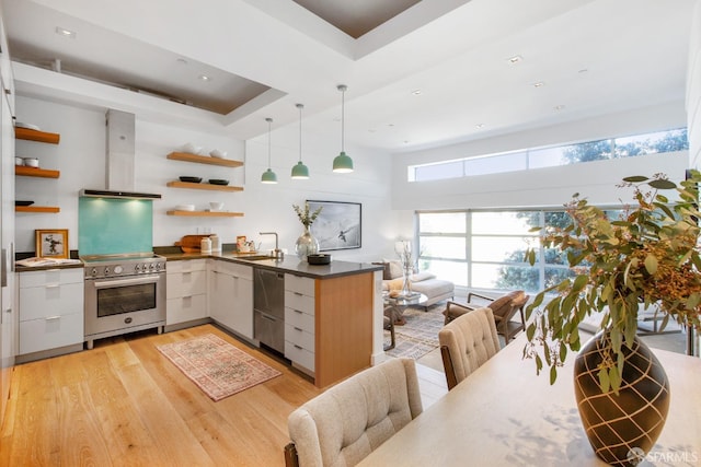 kitchen with open shelves, appliances with stainless steel finishes, wall chimney exhaust hood, light wood finished floors, and modern cabinets