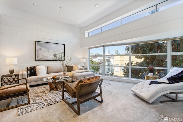 carpeted living area featuring a towering ceiling and a view of city