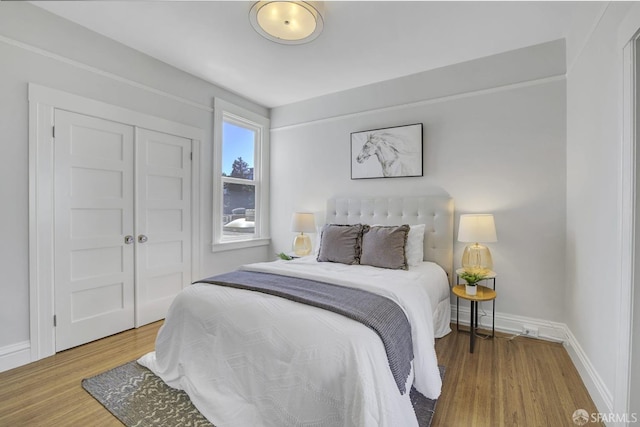 bedroom with hardwood / wood-style floors and a closet