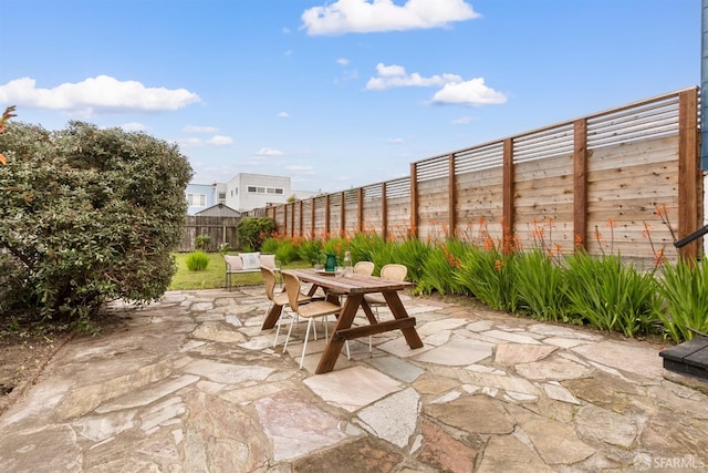 view of patio with outdoor dining space and a fenced backyard