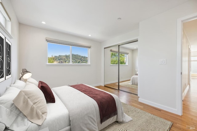 bedroom featuring light hardwood / wood-style floors and a closet