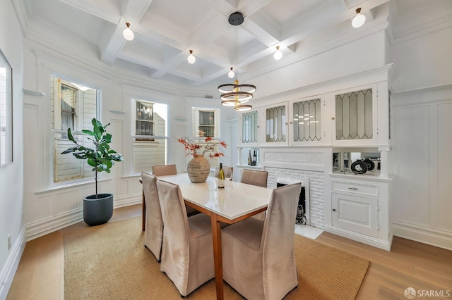 289 Church St, San Francisco, CA 94114 - dining area with a decorative wall, light wood-style flooring, coffered ceiling, beamed ceiling, and a chandelier