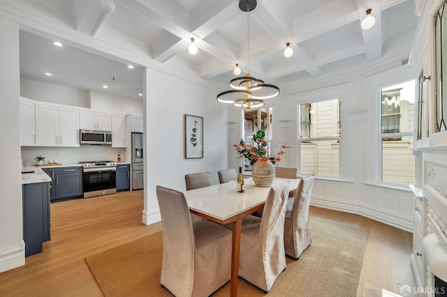 289 Church St, San Francisco, CA 94114 - dining area with light wood-style flooring, beamed ceiling, a chandelier, coffered ceiling, and recessed lighting