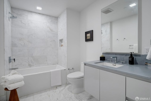 full bathroom with tiled shower / bath combo, decorative backsplash, vanity, and toilet