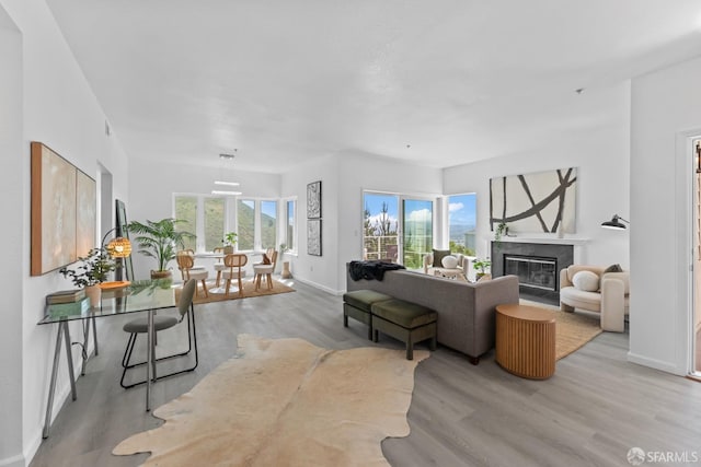 living area with a fireplace, baseboards, and wood finished floors