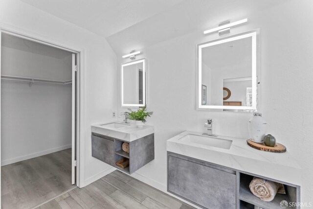 full bathroom featuring a sink, a spacious closet, two vanities, and wood finished floors