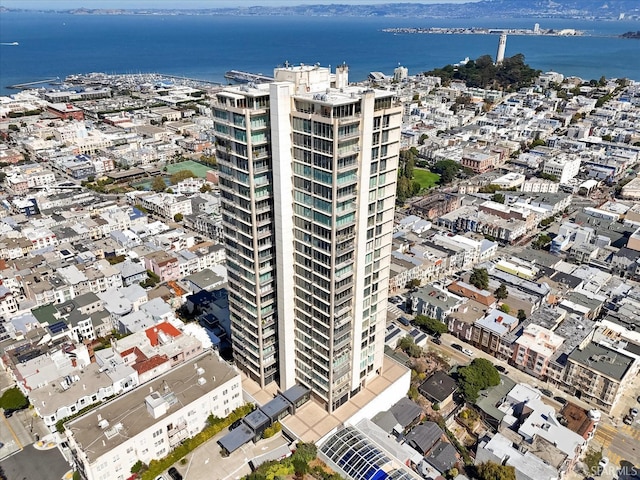 bird's eye view with a water view