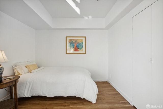 bedroom featuring a tray ceiling and wood-type flooring