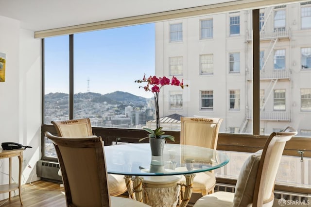 dining room with a mountain view and light wood-type flooring