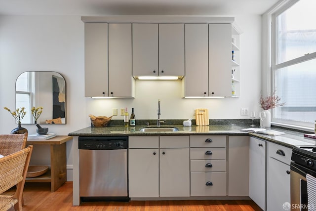 1630 Clay St Unit 4, San Francisco, CA 94109 - kitchen with appliances with stainless steel finishes, a sink, gray cabinetry, and open shelves