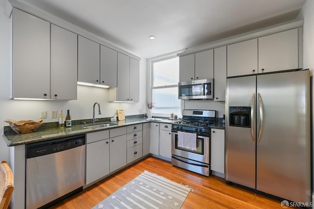 1630 Clay St Unit 4, San Francisco, CA 94109 - kitchen featuring appliances with stainless steel finishes, a sink, light wood-style floors, gray cabinetry, and recessed lighting