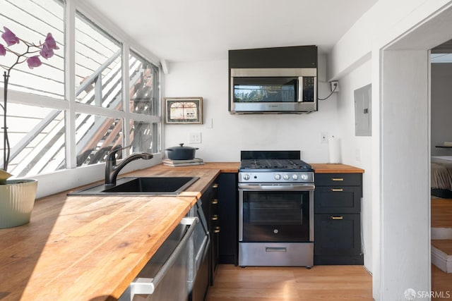 kitchen with wooden counters, light wood-style flooring, electric panel, a sink, and appliances with stainless steel finishes