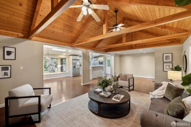 living room with hardwood / wood-style floors, wood ceiling, vaulted ceiling with beams, and ceiling fan