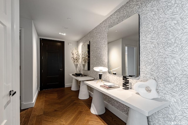 bathroom featuring parquet floors