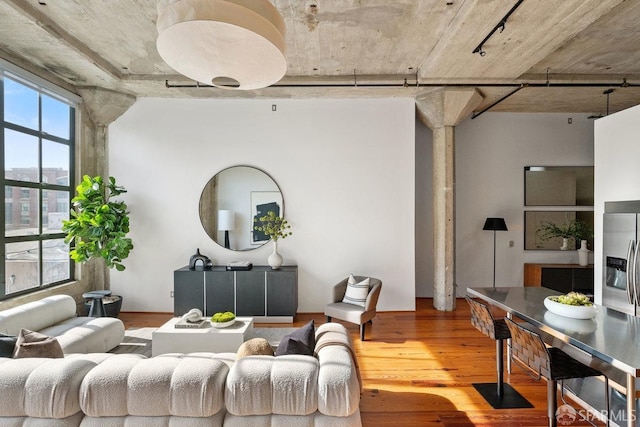 living area featuring a fireplace, wood finished floors, and rail lighting