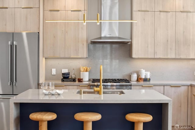 3445 Fillmore St, San Francisco, CA 94123 - kitchen with modern cabinets, light brown cabinets, and high end refrigerator