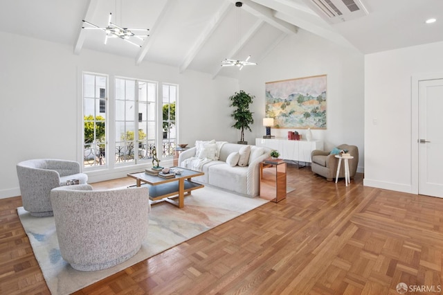 3445 Fillmore St, San Francisco, CA 94123 - living area with a chandelier, beamed ceiling, and high vaulted ceiling