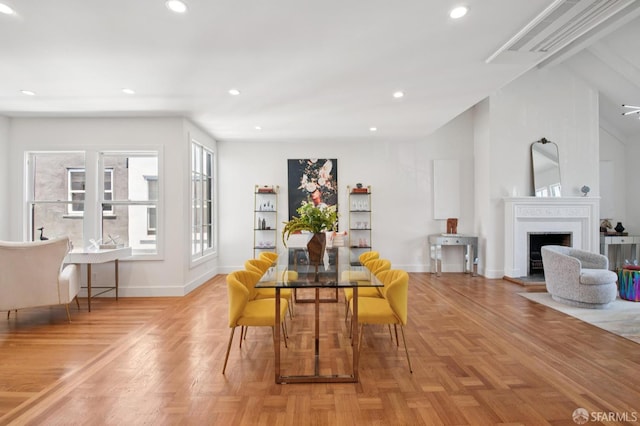 3445 Fillmore St, San Francisco, CA 94123 - dining area with a fireplace with raised hearth and recessed lighting