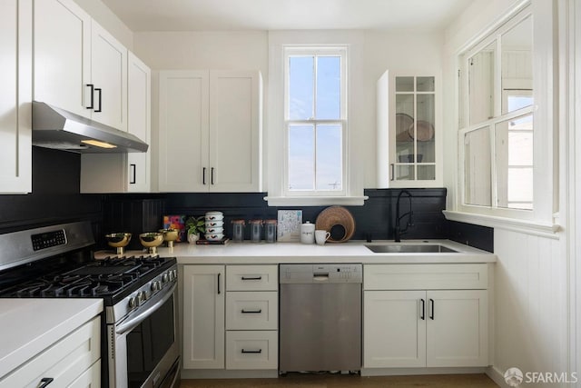 30 Lloyd St, San Francisco, CA 94117 - kitchen with stainless steel appliances, under cabinet range hood, a sink, white cabinetry, and light countertops