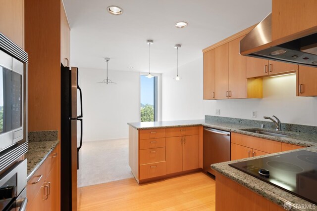 5082 Diamond Heights Blvd Unit B, San Francisco, CA 94131 - kitchen featuring appliances with stainless steel finishes, range hood, a peninsula, light wood-style flooring, and healthy amount of natural light