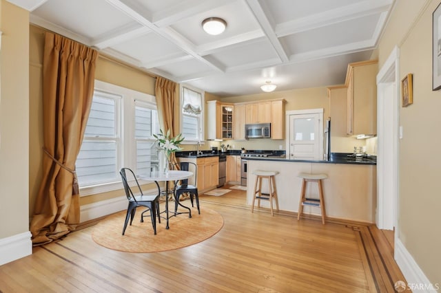 kitchen with stainless steel appliances, a peninsula, a sink, light wood-style floors, and light brown cabinetry