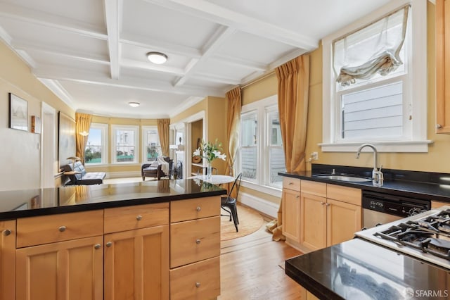 kitchen with dishwasher, dark countertops, coffered ceiling, and a sink