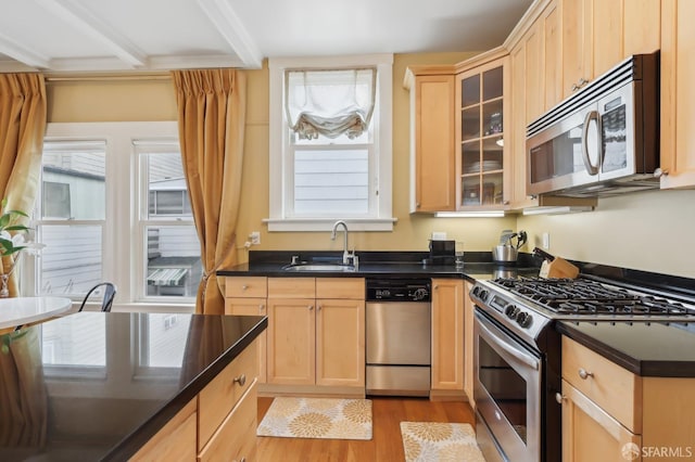 kitchen featuring stainless steel appliances, dark countertops, a healthy amount of sunlight, light brown cabinets, and a sink