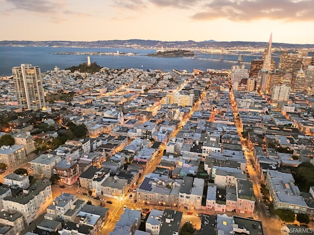 bird's eye view featuring a water view and a city view