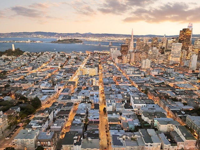 aerial view at dusk featuring a city view