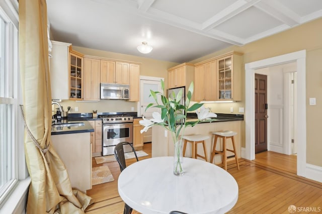 kitchen with stainless steel appliances, dark countertops, light wood-style flooring, light brown cabinetry, and a sink