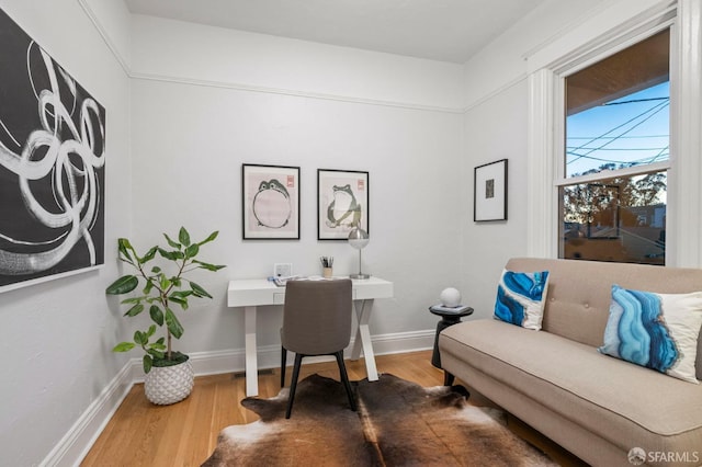 office space with baseboards and wood finished floors