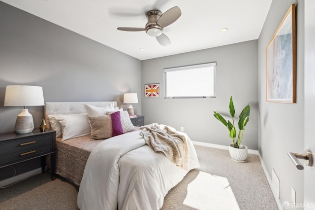 bedroom featuring carpet floors, baseboards, and a ceiling fan