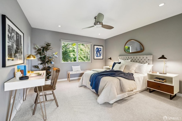 carpeted bedroom featuring baseboards, ceiling fan, and recessed lighting