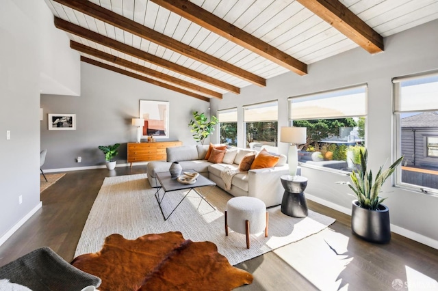 living area with wood ceiling, beam ceiling, baseboards, and wood finished floors