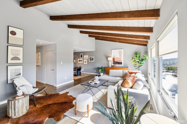 living room featuring lofted ceiling with beams, baseboards, and wood finished floors