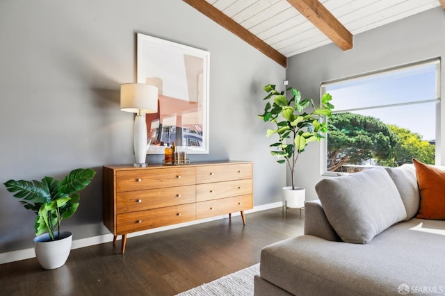 sitting room with lofted ceiling with beams, wood ceiling, baseboards, and wood finished floors