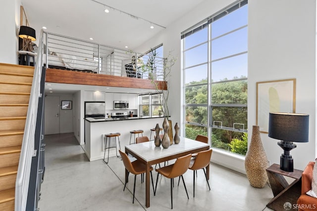 dining room featuring track lighting and a high ceiling